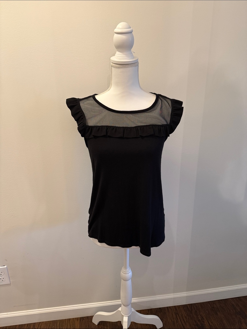 pebble and stone Black Sheer Yoke Ruffle Tank